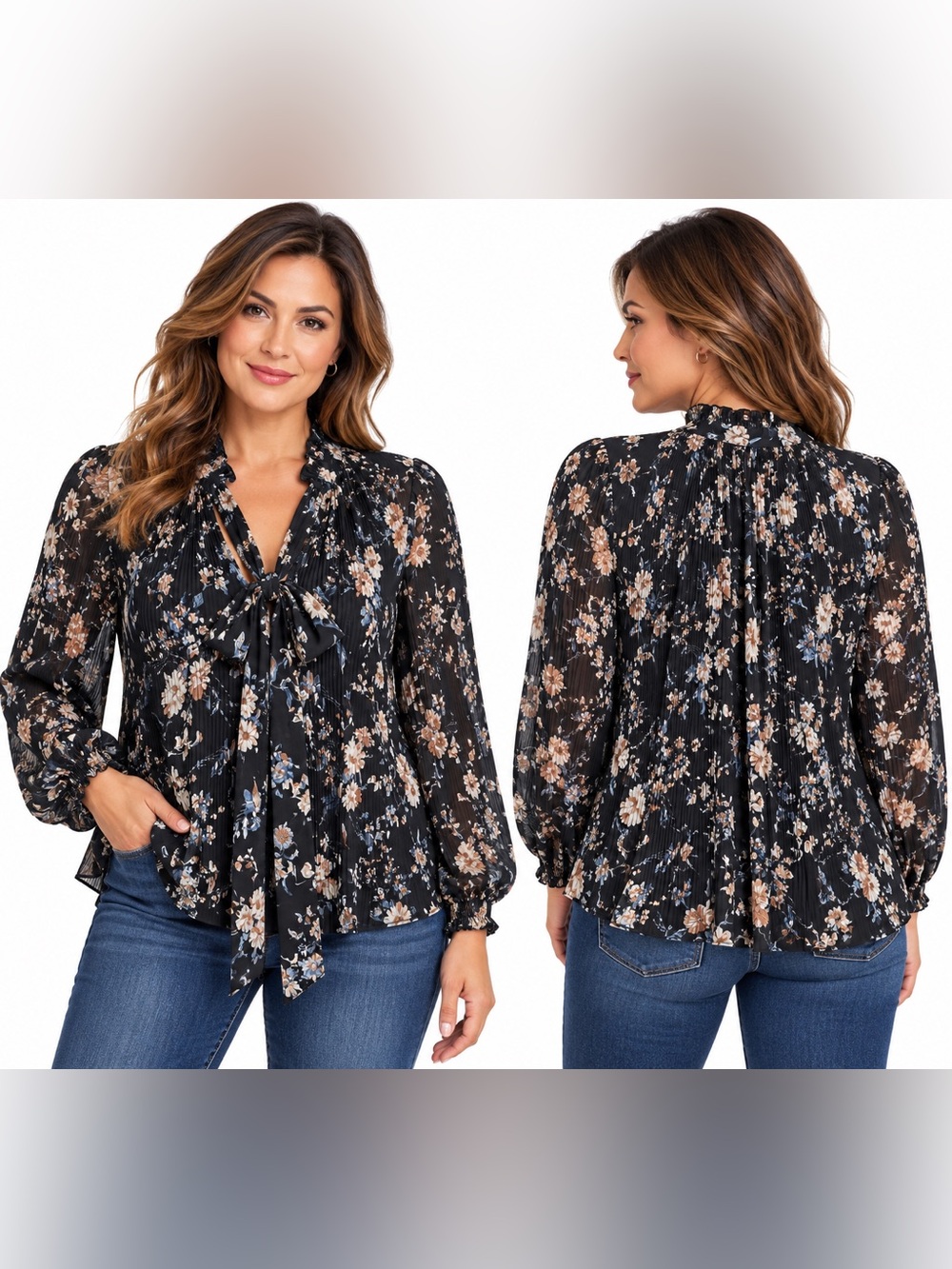 Papillon Womens Pleated Black Floral Long Sleeve Blouse Size MEDIUM